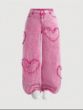 SHEIN Pink High-Rise Wide-Leg Jeans with Frayed Heart Appliqués